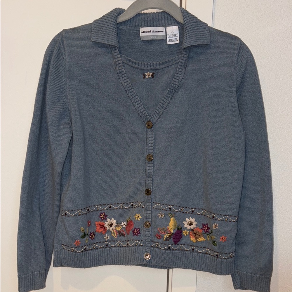 Blue Embroidered Cardigan Sweater